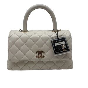 CHANEL White Quilted Caviar Coco Top Handle Flap Bag with COA